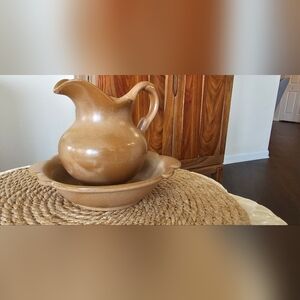 Frankoma Pottery 30A & 30B Tan Ceramic Pitcher and Bowl Set